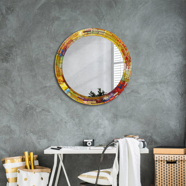 Huldar Round Glass Framed Wall Mounted Accent Mirror in Multicolour