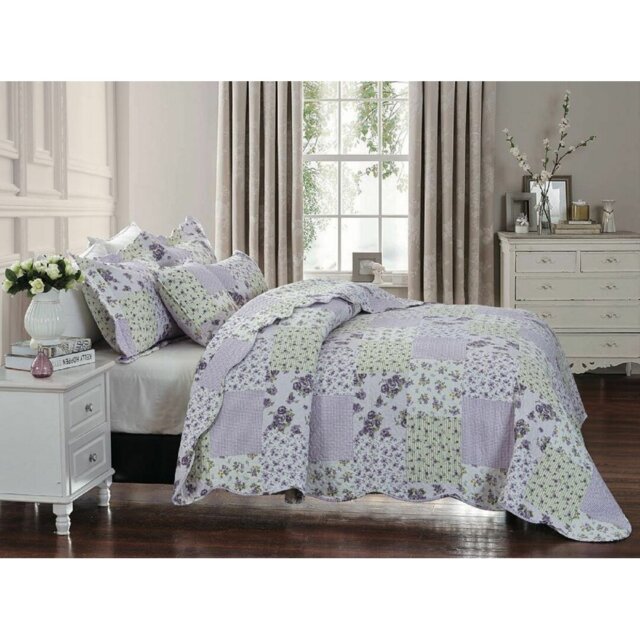 Printed Bedspread Set Dmask Pattern with Matching Pillow Shams, Soft Microfiber Coverlet, Lightweight & All-Season Bedding