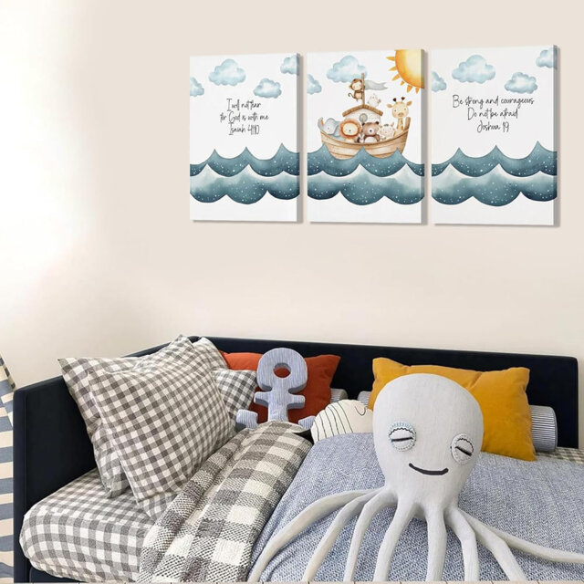 3Pcs Bible Verse Wall Art Noahs Ark Nursery Painting Picture Christian Inspirational Wall Decor Religious Educational Posters Prints For Kids Bedroom