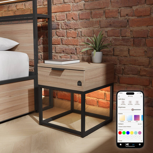 XR LivingDenver Bedside Table With LED App Control Lights - Oak / Black