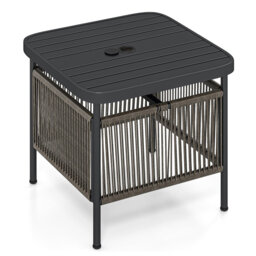 Patio Rattan Side Table With Umbrella Hole, Square PE Wicker Small Garden Coffee Table