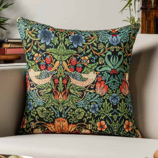 William Morris Strawberry Thief Tapestry Cushion in Black