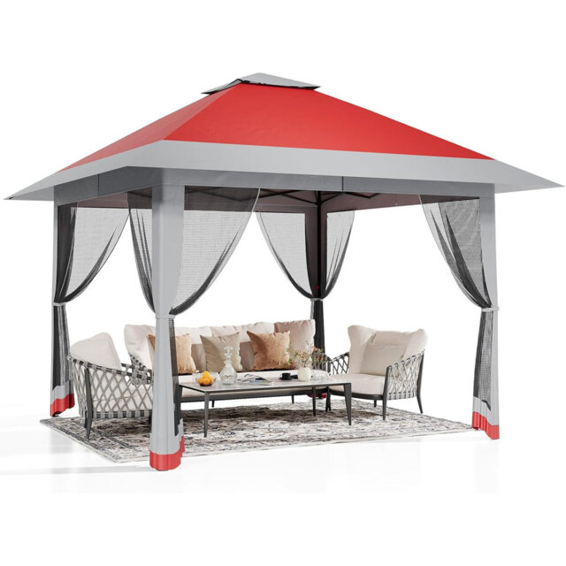 3x3m Double Top Pop Up Gazebo with Mesh Sidewalls, Waterproof Polyester Instant Canopy Shelter with Sandbags for Patio, Backyard, Wedding and Outdoor