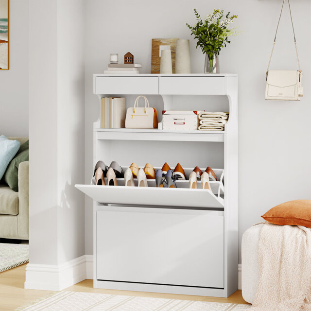 Wooden Shoe Cabinet with 2 Flip Drawers, Pull Down Shoe Cupboard with Open Compartment, Shoes Rack Cabinet for Hallway, Living Room, White, 2 Drawers