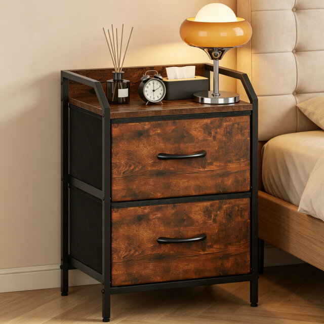 Rustic Brown Bedside Table, 40cm Wide Nightstand with 2 Fabric Storage Drawers, Sturdy Metal Frame Modern Side Cabinet for Bedroom Living Room