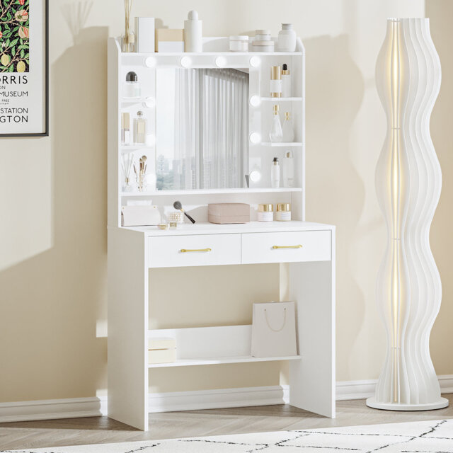 Dressing Table with Mirror and Led Light, Vanity Desk with Adjustable Brightness, Vanity Table with Shelves and 2 Drawers, for Bedroom, Living Room, 4