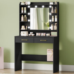 Dressing Table with Mirror and Led Light, Vanity Desk with Adjustable Brightness, Vanity Table with Shelves and 2 Drawers, for Bedroom, Living Room, 4
