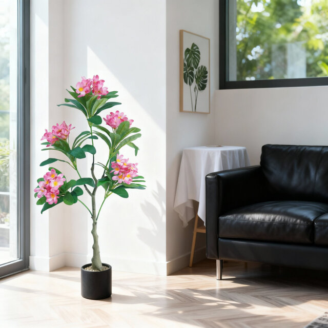 4FT Fake Plumeria Flowers Tree in Pot, Plumeria Artificial Flowering Tree Potted Plant for Home Office Wedding Decor
