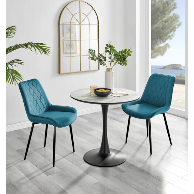 Ellis White Marble Effect Melamine Round Dining Table Set with 2 Luxury Velvet Dining Chairs
