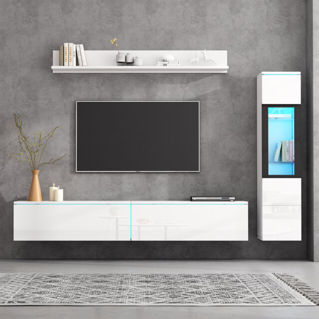 Modern Wall Unit Set With Led Lighting - 3-piece Media Wall Shelf & Tv Cabinet (high-gloss White)
