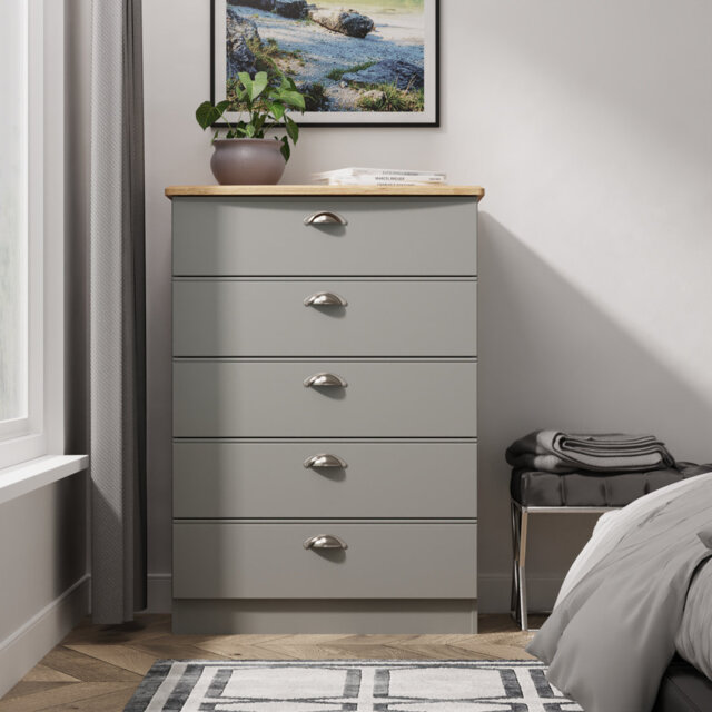 Victoria 5 Drawer Chest in Dusk Grey & Riviera Oak (Ready Assembled)