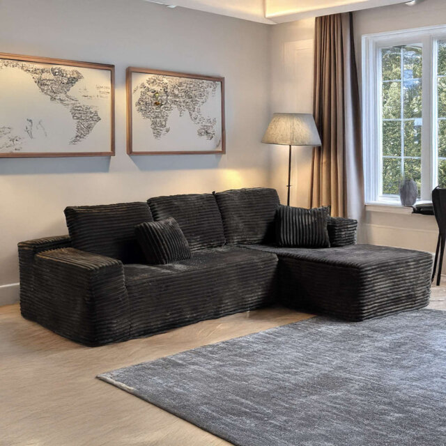 Modern Corduroy L-Shaped Corner Sofa with Chaise, Left or Right Facing, Deep Cushions and Spacious Seating