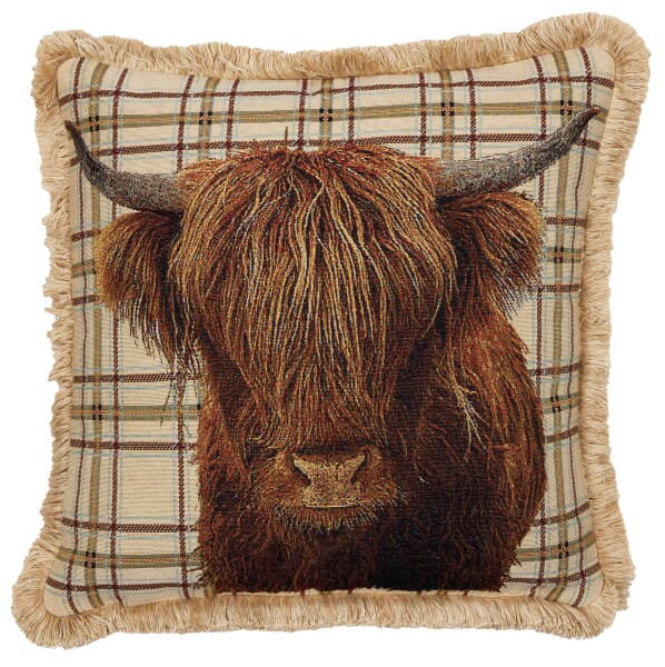Highland Cow with Fringe Tapestry Cushion with Feather Filler
