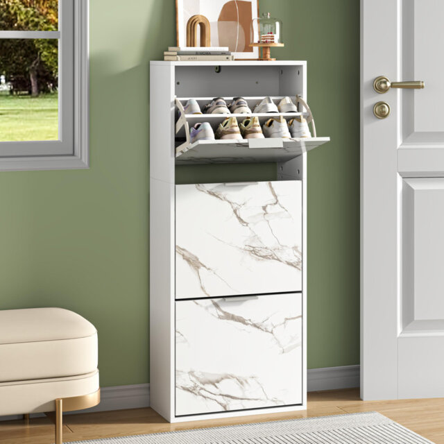 Marble 12 Pair 3 Flip Drawers Shoe Storage Cabinet