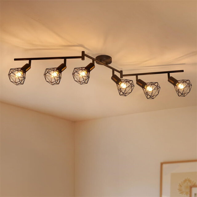 6 Way Spotlights Ceiling Lights, Adjustable Kitchen Light Ceiling E14, Vintage Cage Black Light Fittings, Metal Spot Lights Track Lighting For Living