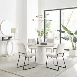 Edzard Statement 4 Person Round Dining Table Set in Luxury Stone Effect - Fabric Dining Chairs