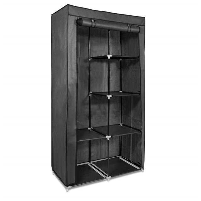Canvas Effect Wardrobe - Foldable Storage Cupboard For Clothes 88 X 170 X 45 Cm - Comes With 5 Shelves, Rail, Metal Frame And Cover - Brown