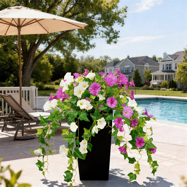 Set of 2 Artificial Petunia Flower Display with Black Square Planter Fake Flower Faux Plant – Purple & White