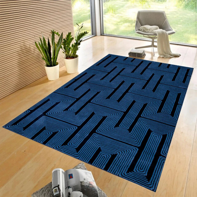 Luna Navy Geometric Area Rug & Runner – Modern Non-Slip Carpet For Living Room, Bedroom, Hallway & Lounge - Soft Durable Floor Mat