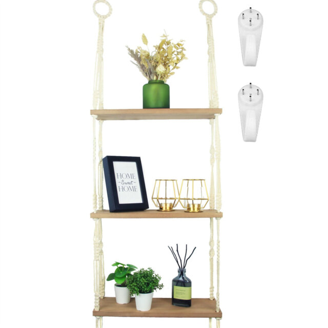 Wall shelf, hanging shelf made of wood-macrame wall shelf with hooks, no drilling as a boho wall decoration, living room, floating shelf, plant shelf,