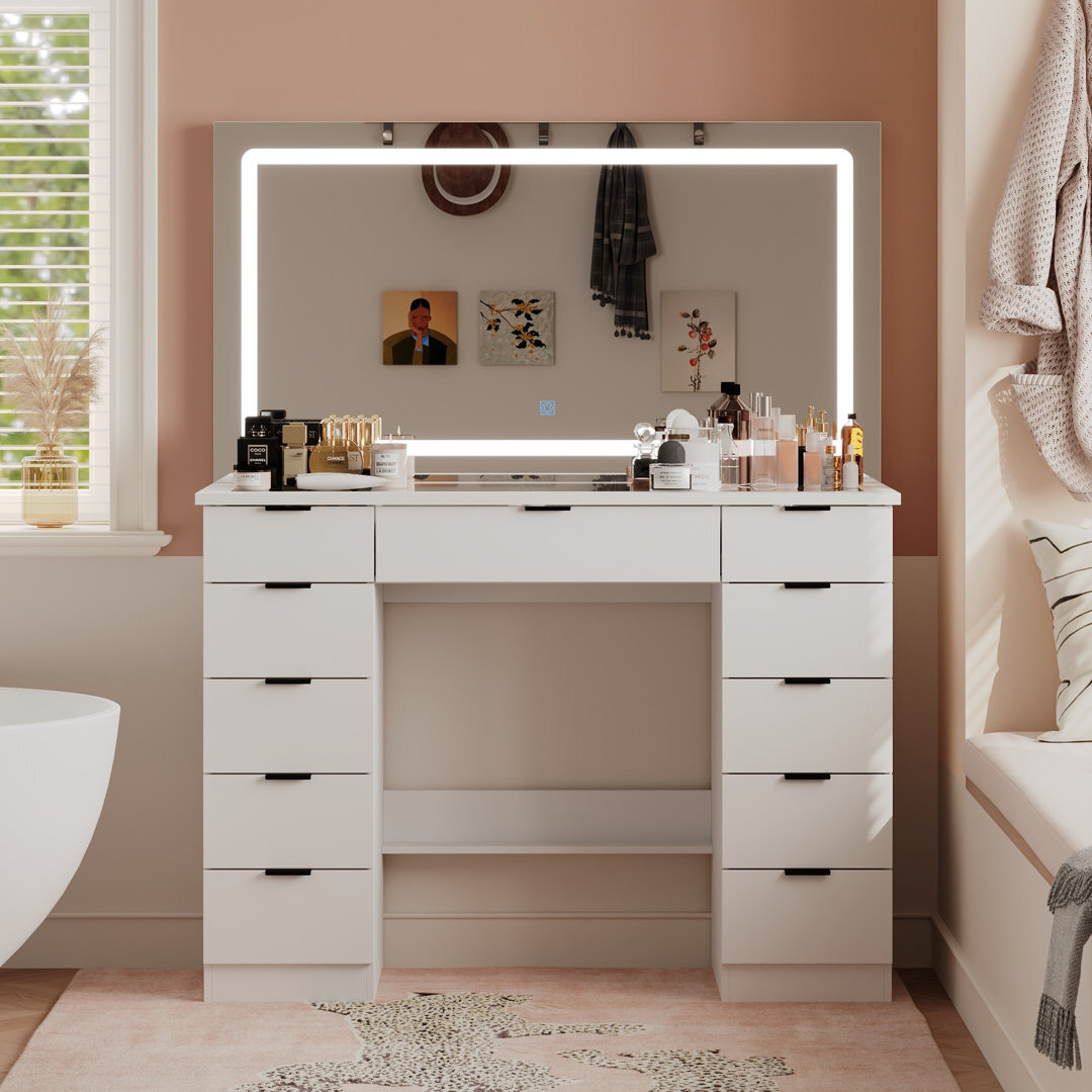 Metal Vanity Desk With Hooks, White Makeup Table With Mirror And Light, Adjustable Brightness, 2 Large Drawers, 6 Open Shelves, Vanity Set With Chair For Bedroom, Girls