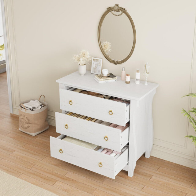 Modern 3 Drawer Dresser for Bedroom Natural Oak Chest of Drawer with Black Metal Ring Pull Handles Wooden Storage Cabinet for Living Room Entryway Hal