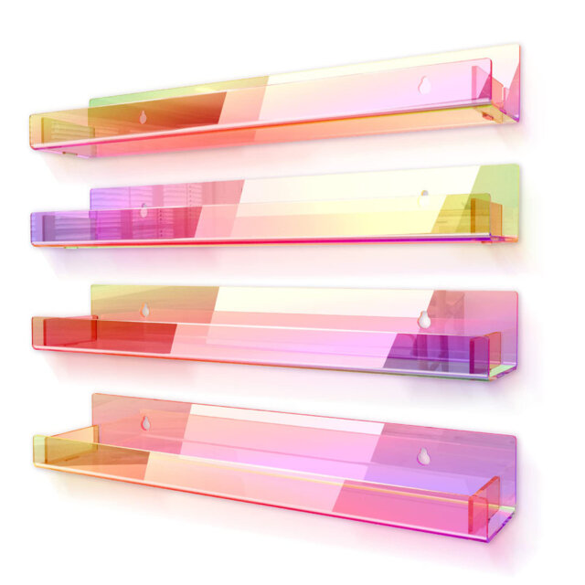 "4 Pack 15"" Iridescent Acrylic Floating Shelves, Clear Rainbow Wall Display for Sunglasses, Toys, Photos."