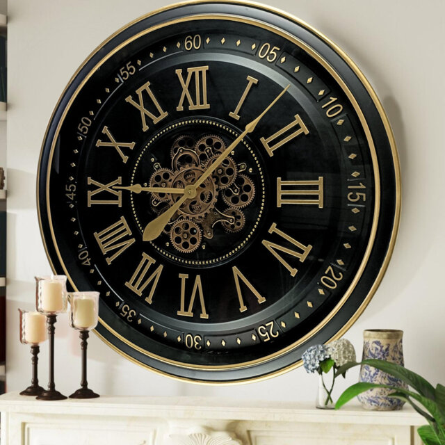Wall Clock with Real Moving Gears IR-LI_ 32 in Round BLACK-ANTIQUE