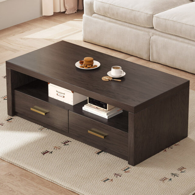 Dark Wood Coffee Table 120cm With 2 Drawers & Open Shelf Storage, Modern Rectangular Living Room Table