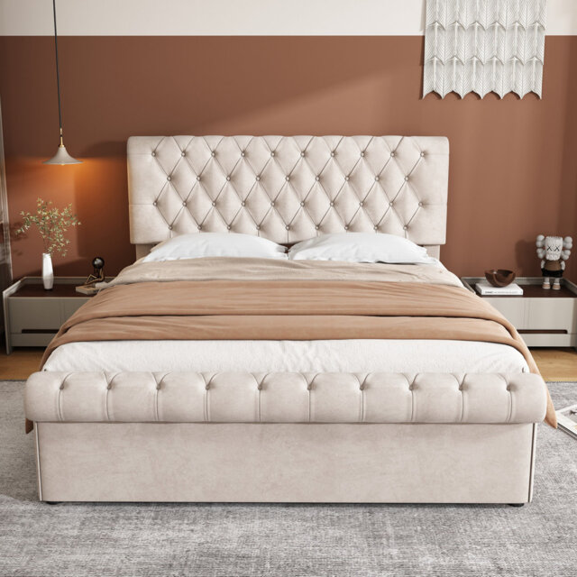 Beige Luxurious Velvet Button-tufted Sleigh Double Bed (4ft6, 135x190cm) With Hydraulic Storage & Adjustable Headboard