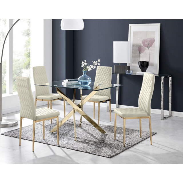 Lenworth Glass Rectangular Dining Table Set with 4 Quilted Velvet Dining Chairs