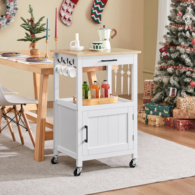 Rolling Kitchen Cart with Solid Wood Top & Legs