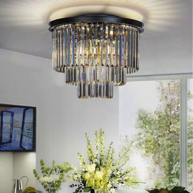 Anganette 6-Lights Modern Matte Black Tier Round Crystal Fringe Flush Mount Ceiling
