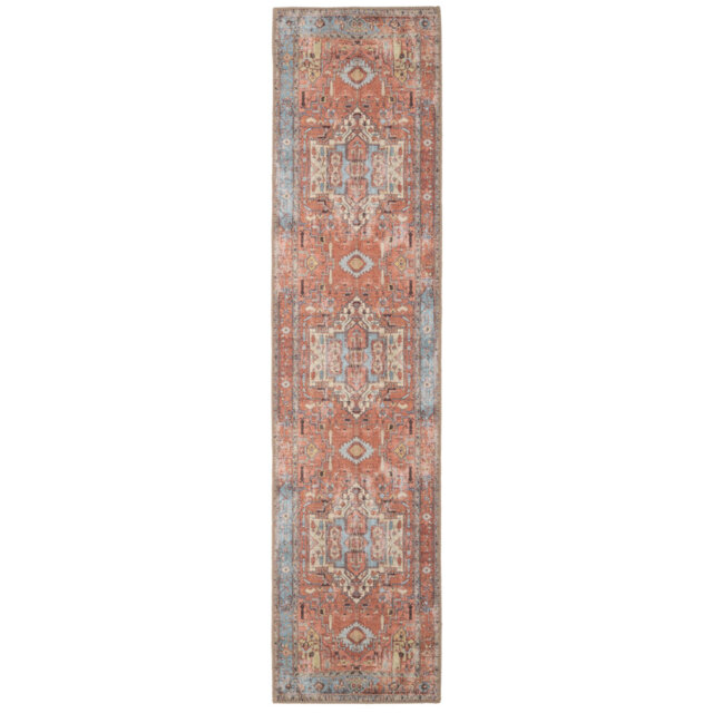Machine Washable Terracotta Traditional Tribal Patterned Distressed Living Room Area Rug