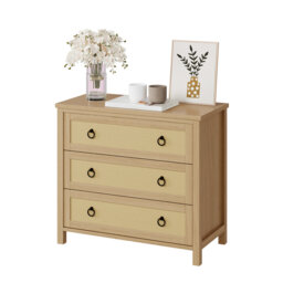Farmhouse Rattan Dresser – 3-Drawer Wooden Chest with Deep Drawers, Anti-Tip Design, Child-Safe, for Bedroom, Nursery, Living Room – Natural Wood Colo
