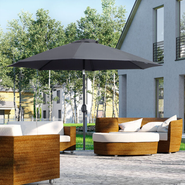 2.7m Charcoal Grey Patio Parasol, Tiltable Garden Sun Umbrella With Aluminium Pole, 8 Fiberglass Ribs And Crank Handle For Outdoor Shade