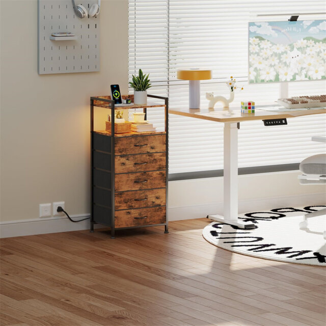 Bedside Table With Charging Station, Dresser Nightstand With 5 Fabric Drawers