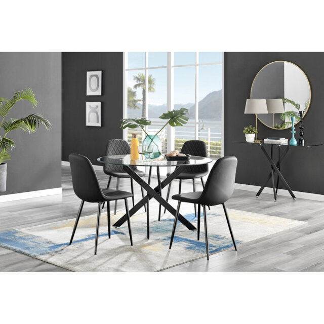 Bernell Modern Chrome Metal & Glass Round Dining Table Set with 4 Luxury Faux Leather Chairs