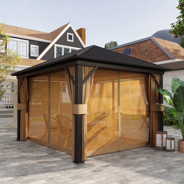 3.6 X 3m Brown Aluminium Hardtop Gazebo, Outdoor Patio Pavilion With Double Layer Curtains, Mosquito Netting And Fixed Ground Accessories