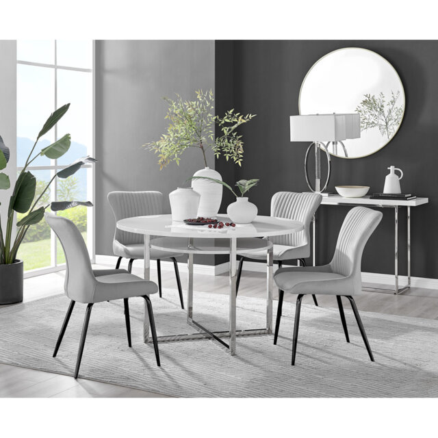 Round Concrete Effect & Black Legs Dining Table With Storage Shelf & 4 Luxury Velvet Dining Chairs