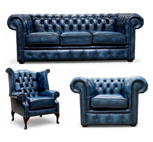 Chesterfield 3 Piece Suite. 3 Seater Sofa + Club Chair + Queen Anne Wing Chair Leather Sofa Suite Offer Antique