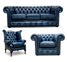 Chesterfield 3 Piece Suite. 3 Seater Sofa + Club Chair + Queen Anne Wing Chair Leather Sofa Suite Offer Antique