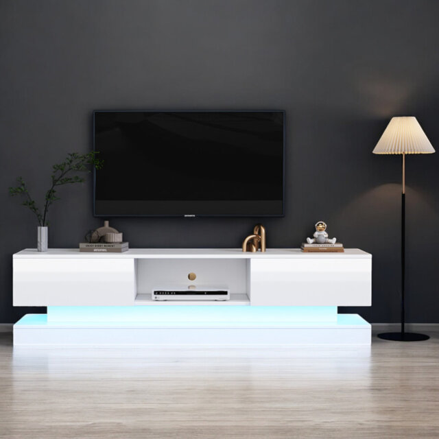 White TV Stand With16 Colour RGB LED Lights High Gloss Front TV Cabinet With 2 Drawers And 1 Open Storage
