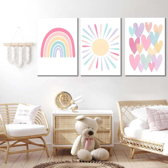 3Pcs Pink Nursery Canvas Wall Art Rainbow Poster Kids Bedroom Baby Girls Toddler Pastel Wall Decor Prints Sun Boho Pink Sunshine Painting For Classroo