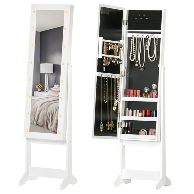 Free Standing LED Mirrored Jewelry Cabinet Bracelets Cosmetics White