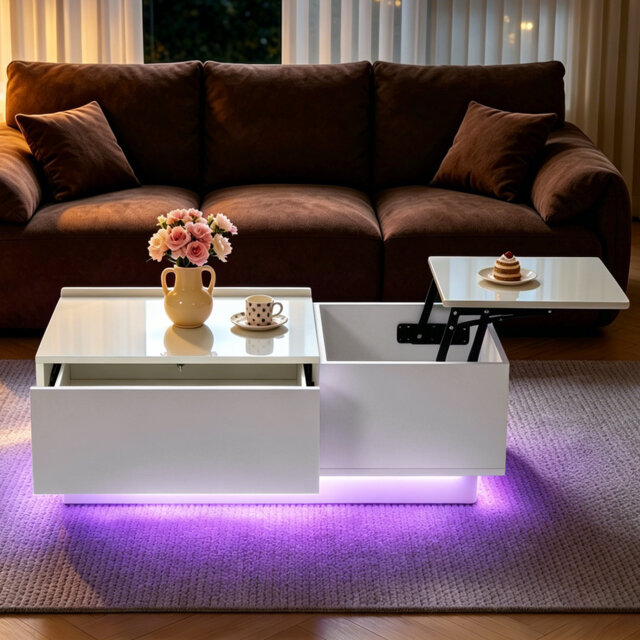 High Gloss White LED Lift Top Coffee Table with Hidden Storage Compartment & Side Drawer