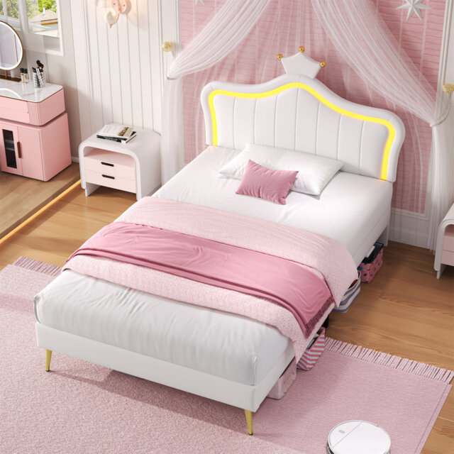 PU Leather Upholstered Bed With LED Adjustable Headboard