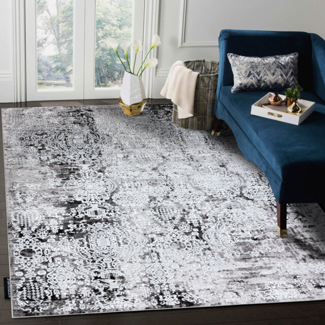 Modern de Luxe rug for the living room, bedroom, vintage ornament - textured cream / gray
