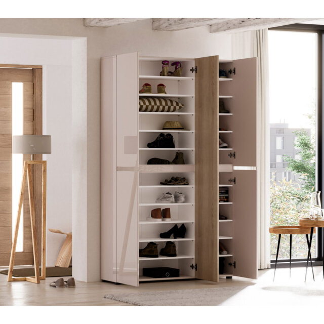 Vida 5 Door 120cm Cashmere & Oak Tall Shoe Cabinet/Storage Cupboard
