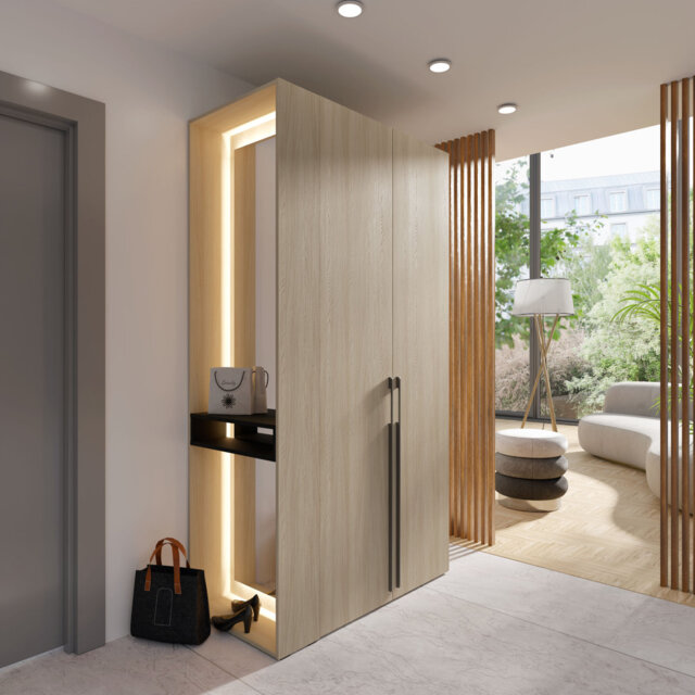 BARCELONA 90 - 2D WARDROBE WITH EXTENSION BOARD WITH MIRROR PD3133 BARISTA OAK PU1001 BLACK ONYX 90-FSC B